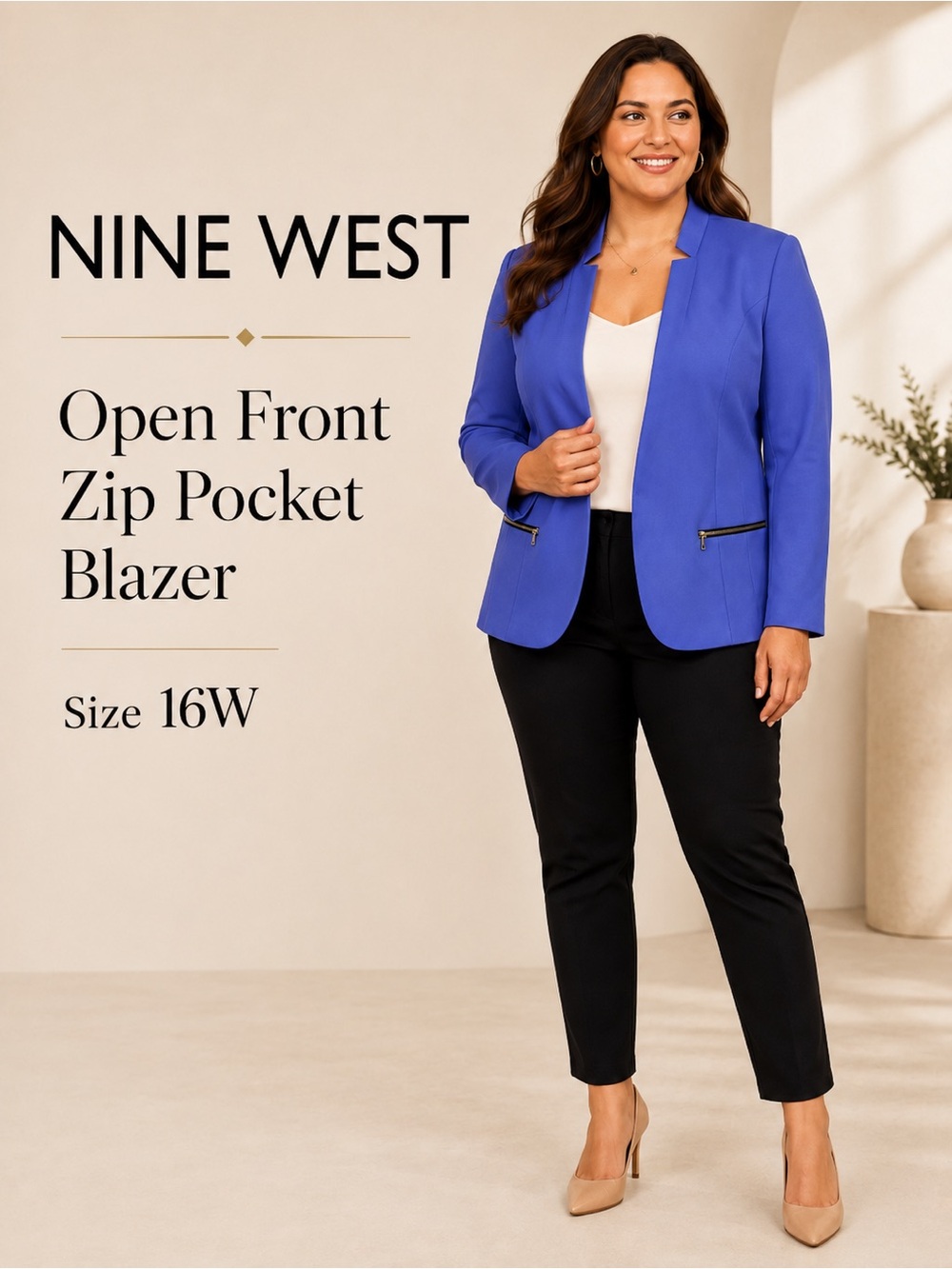 Nine West Blue Purple Open-Front Zip Pocket Blazer Size 16W